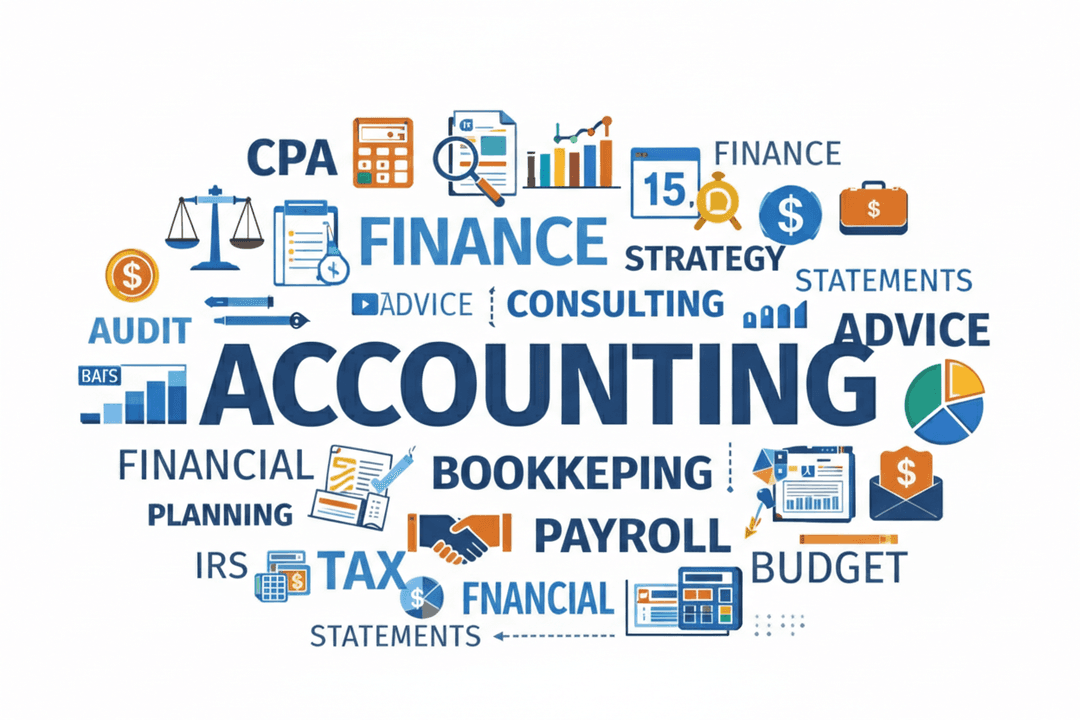 The Ville CPA word cloud featuring tax, accounting, and financial planning terms